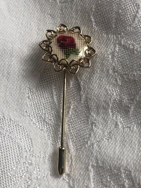 Vintage needlepoint rose floral pin